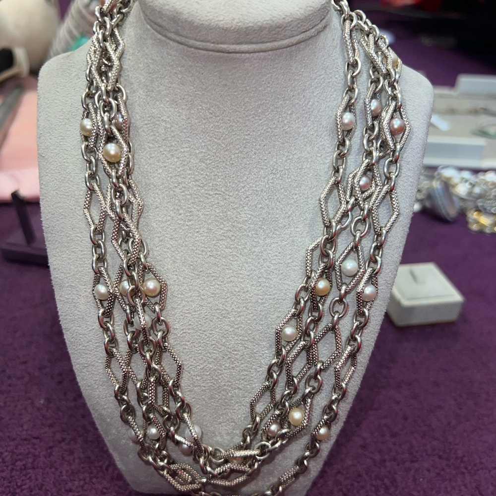 Charles Krypell Multi-Strand Silver Chain Necklace with Pearl Accents